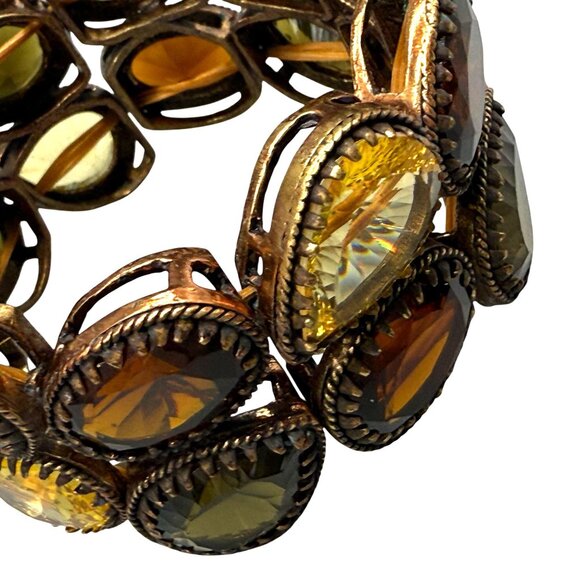 Yellow & Olive Crystal Stretch Statement Bangle Bracelet Bronze Tone Retro - Picture 4 of 5